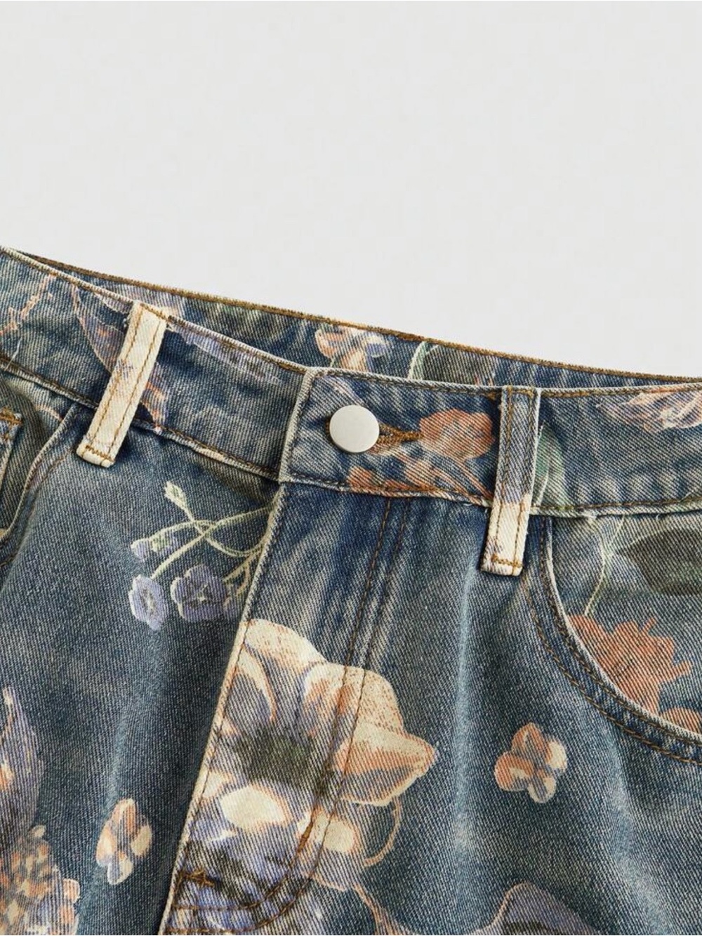 Floral Wide Leg Denim Jeans - Green Floral Print - Picture 3 of 4